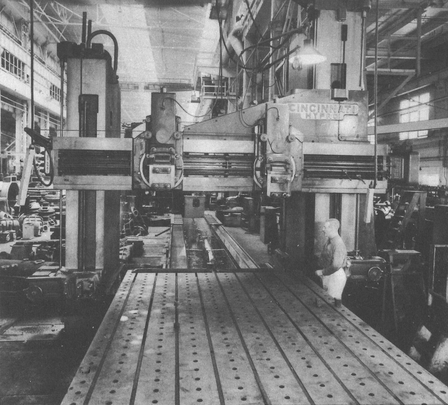 One of the many large capacity planer machines at New York Ship, with a platen travel of 40 feet. Heavy industrial machinery such as this made the construction of extremely complex ships possible in Camden, NJ.
