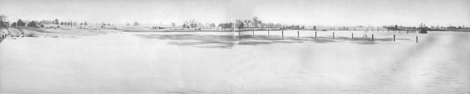 1899: Artists drawing, from an old photograph, of the 160 acre farm on the Delaware River selected as the site of the New York Shipbuilding Company. The old farmhouse, near the center of this picture, was moved to the street and is now an integral, but distinctive, part of the Employment Office and Hospital Buildings.